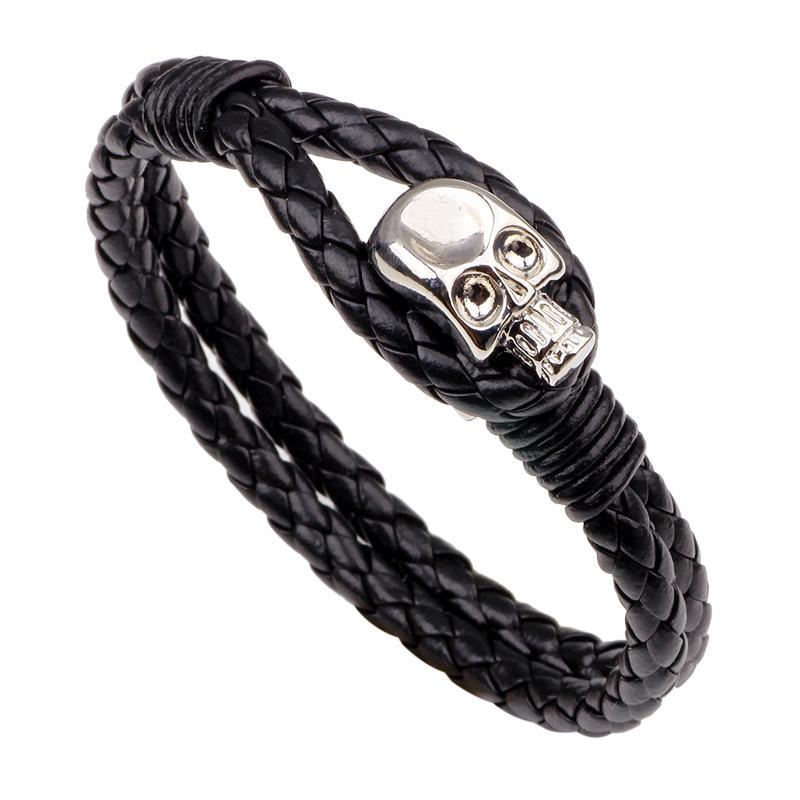 Bracelet tissé en cuir à boucle en alliage tête de mort pour homme, très tendance, style européen et américain