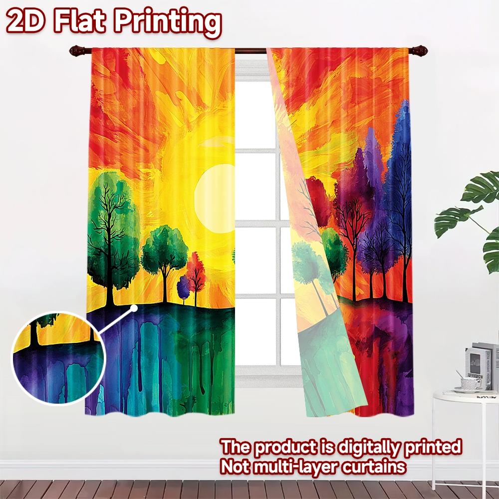 2D flat printing 2pcs Window Curtains Colorful Tree Sun Drip Digital Printed Polyester Drapes Birthday Party for living room
