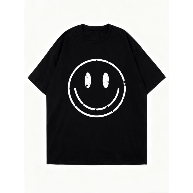 Black Oversized T-Shirt With White Smiley Face Print For Casual Wear And Street Style