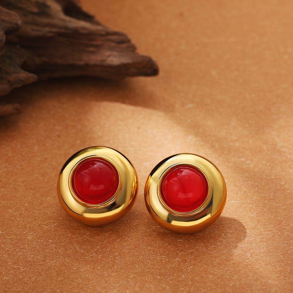 Retro Ethnic Natural Stone Round Earrings for Women Gold Plated Stainless Steel Geometric Piercing Earring Studs Boho Zircon