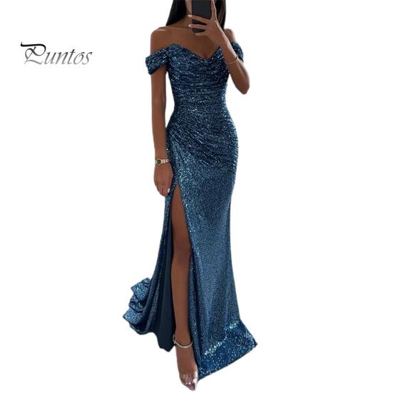 Třpytivé plisované šaty Elegantní výstřih do V Odhalená ramena Maxi Krátký rukáv Detail pasu Dlouhé Úzké Večerní párty Maturitní Ples Štíhlé Sexy Rozparek Jednobarevné Odhalená ramena