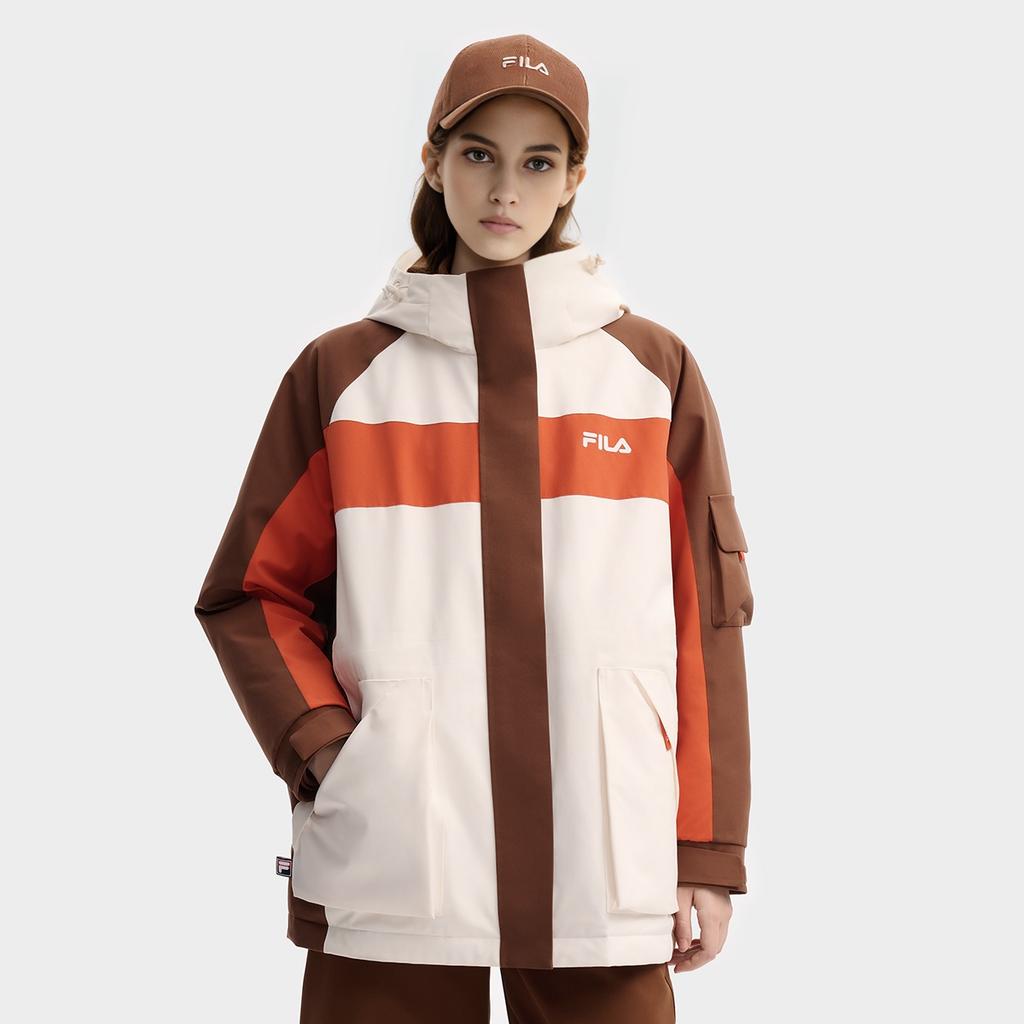 FILA Original Fashion Casual Sports Personality Trendy Color Block Loose Mid-Length Down Jacket Women Outerwear Mulan-Brown F11W549903FBN