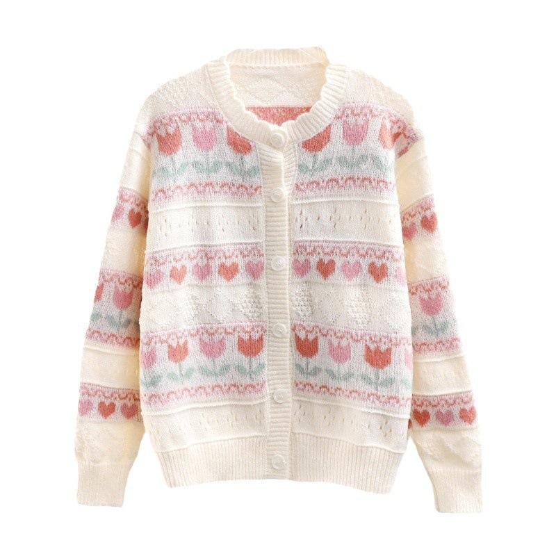 Autumn and Winter Sweater Jacket Female Sweet Fresh Soft Waxy Lace Collar Contrasting Color Small Flower Hollow Long-sleeved Knitted Cardigan