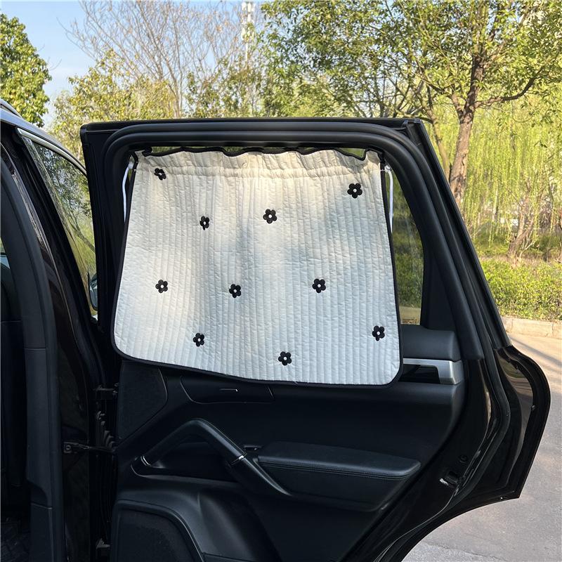 Cute Cartoon Embroidered Thickened Cotton Baby Car Window Sunshade Cover UV Protection Suction Cup Installed Sliding Curtain