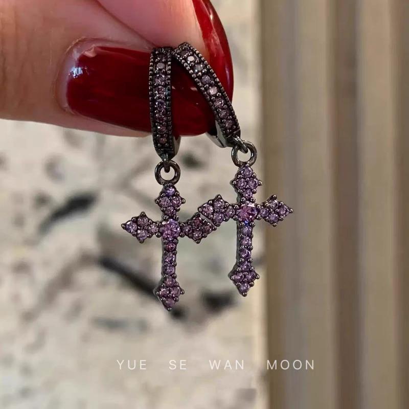 Gothic Vintage Colorful Rhinestone Cross Hoop Earrings Unique Exquisite