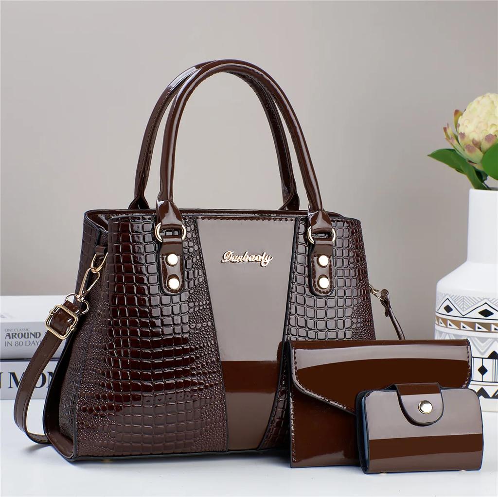 Luxury Quality 3Piece Set Handbags Ladies Bags for Women Patent Leather Stone Pattern Ladies Shoulder Cross Body Bags