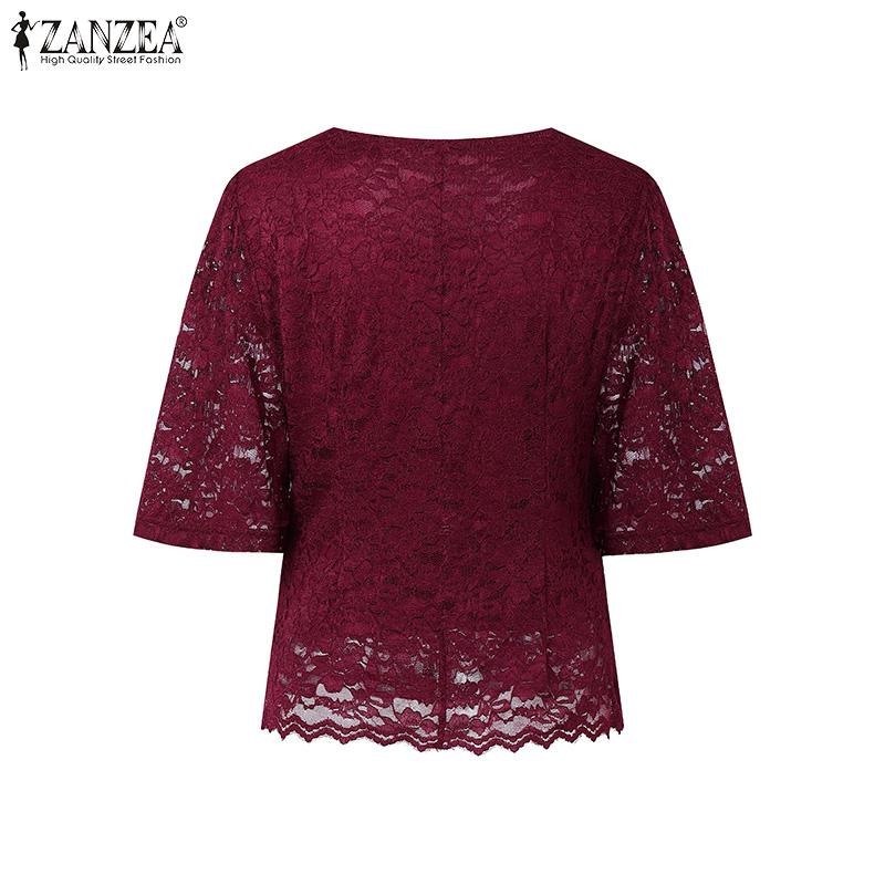 ZANZEA Women Casual Round Neck Summer Half Sleeve Lace Blouse