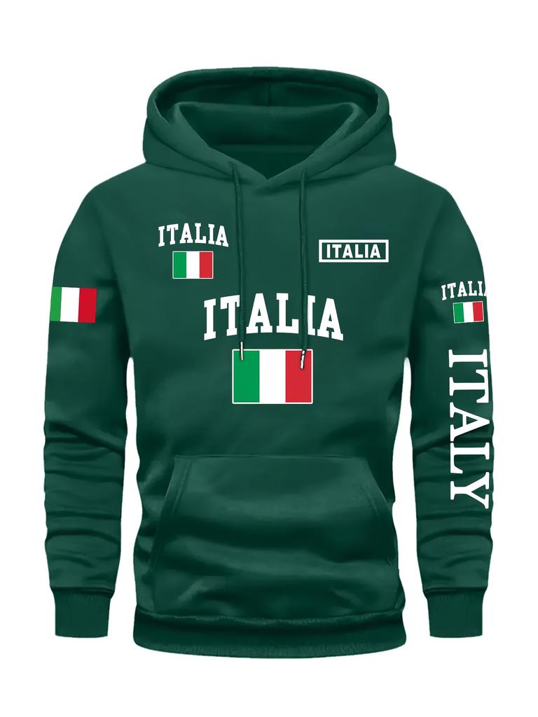 Men's Stylish Graphic Hoodie Black Casual Pullover Front Pocket Comfortable Polyester Blend Machine Washable Italy Sweatshirt
