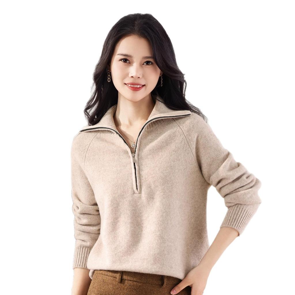 Women's Half Zip Lapel Cashmere Sweater - Loose Knit, Thick, 100% Pure Wool, Solid Color.