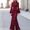 Women's Mock Neck Bell Sleeve Ruffled Slit Maxi Dress Multi Color Elegant Fitted Evening Dress