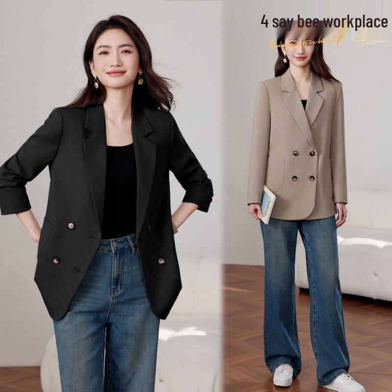 

Women s Double-Breasted Black Blazer - High-End, Plus Size, Casual Suit Jacket for Spring/Autumn 2025 L
