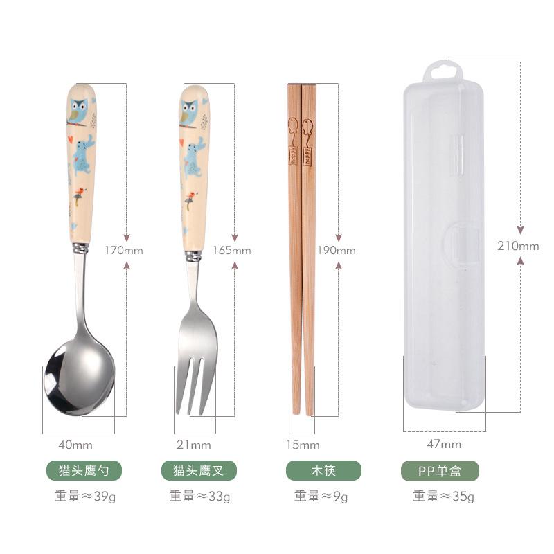 New stainless steel fork, spoon and chopsticks ceramic handle cartoon three-piece set student travel spoon chopsticks portable tableware set