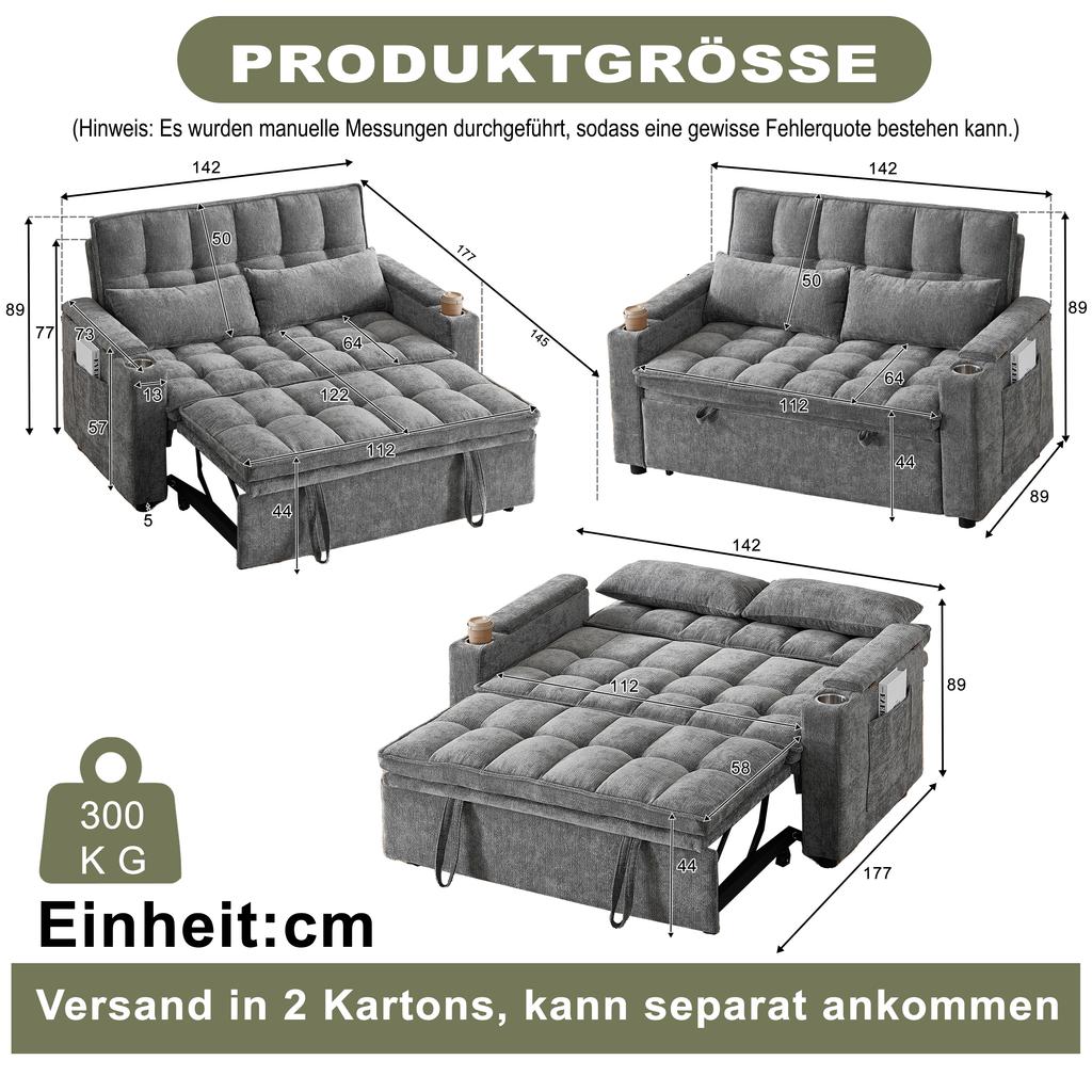 Um sofá-cama 3 em 1 com 142 cm de largura, função de reclinação, almofadas de assento e encosto macias como nuvens, duas almofadas lombares, arrumação, porta-copos
