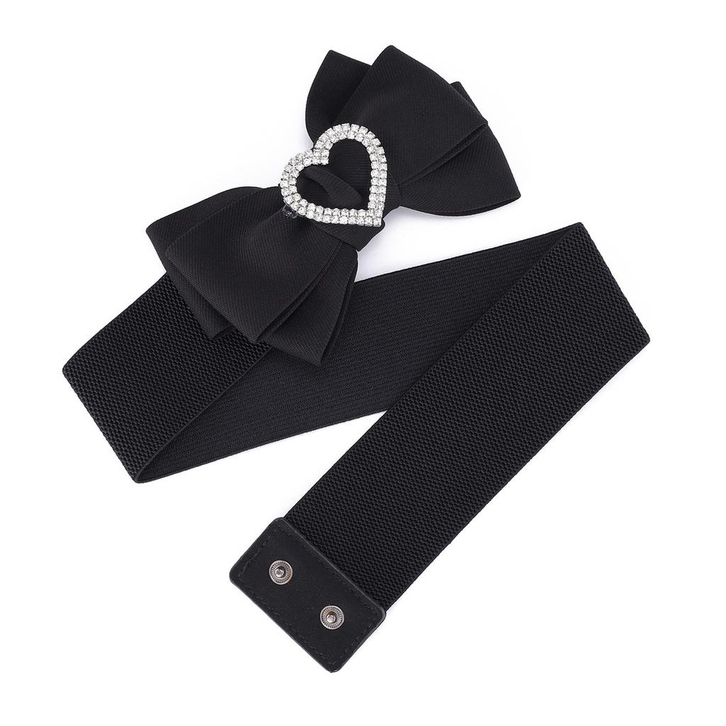 Love-Shaped Rhinestone Inlaid Bow Wide Belt With Skirt Sweet Black Wide Elastic Elastic Waist Seal Female