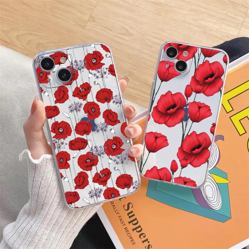Poppy Flower Bloom Hot Red Clear Case For iPhone 15 11 14 Pro Max 12 13 Pro Max Mini XS X XR SE 2020 7 8 Plus Transparent Cover