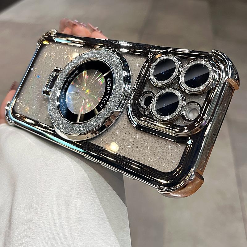 Double Bling Glitter Magsafe Bracket Case for iPhone 16 Pro Max Plus Transparent Plating Cover for iPhone 13 12 11 14 15 Pro Max