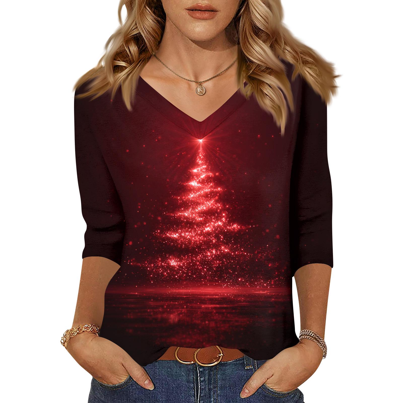 

Женские топы Рубашка с рукавом три четверти V-образный вырез Свободная повседневная рубашка Футболка с принтом L