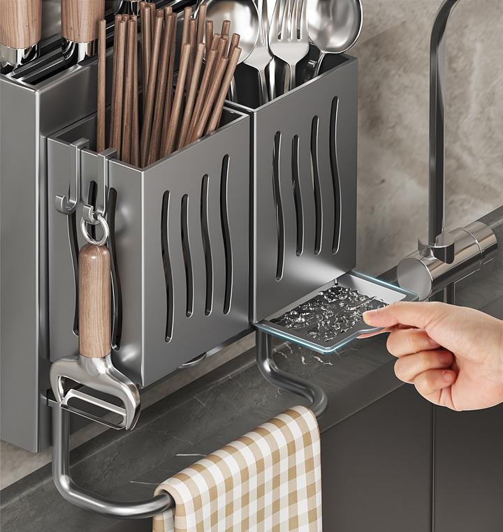 Multifunctional Kitchen Utensil Rack Wall-Mounted Freestanding Cutlery Storage Box Punch Free Draining Chopstick Holder