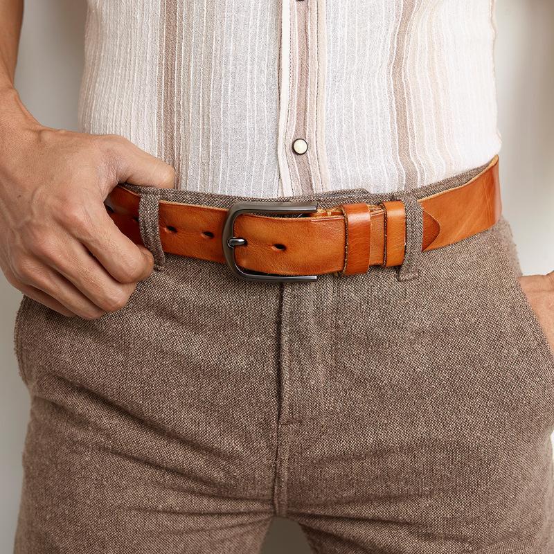 First Layer Cowhide Leather Belt Men'S Belt Retro Pleated Craft Belt Personalized Belt
