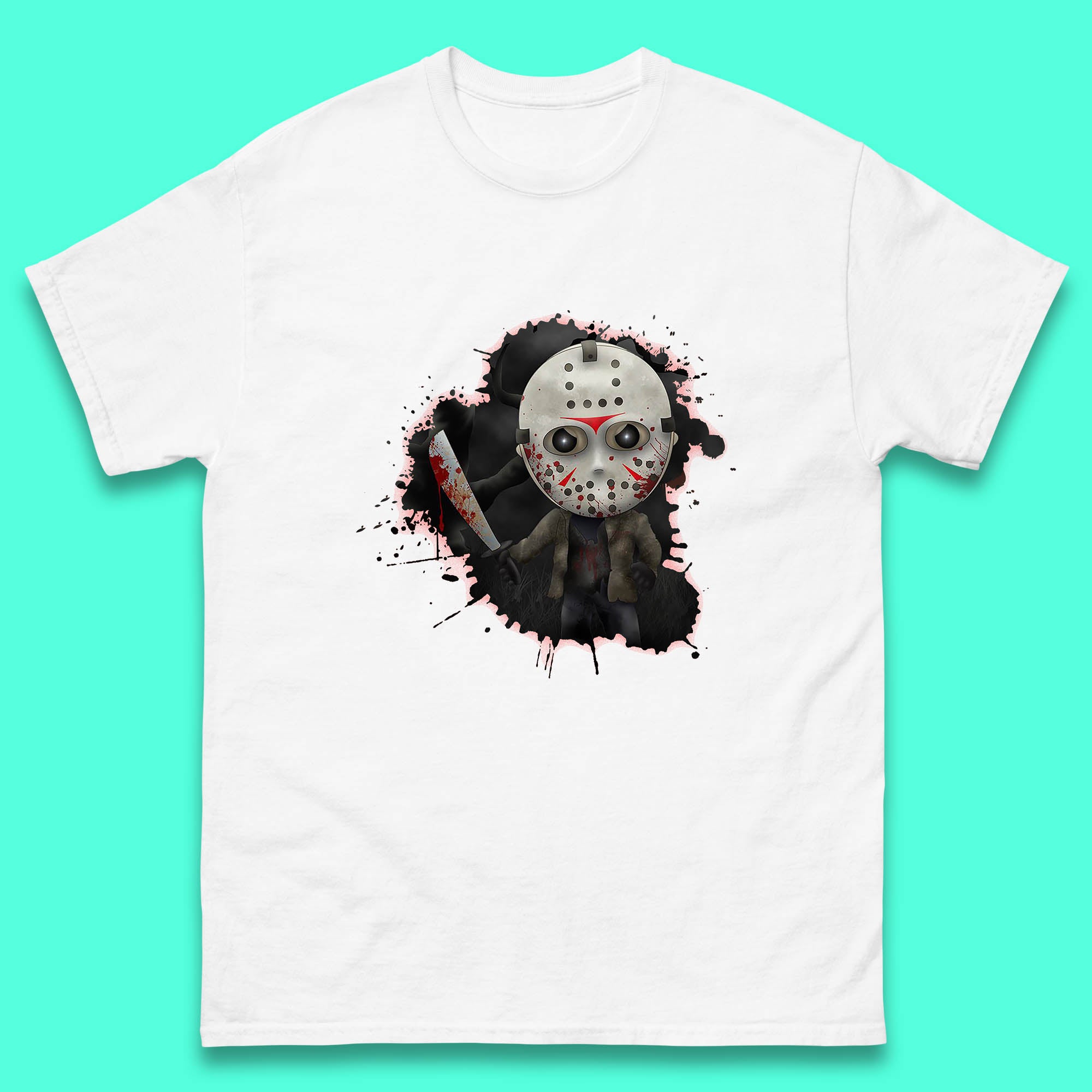 

Chibi Jason Voorhees Holding Bloody Knife Halloween Friday The 13th Horror Movie Character Mens Tee Top 3XL