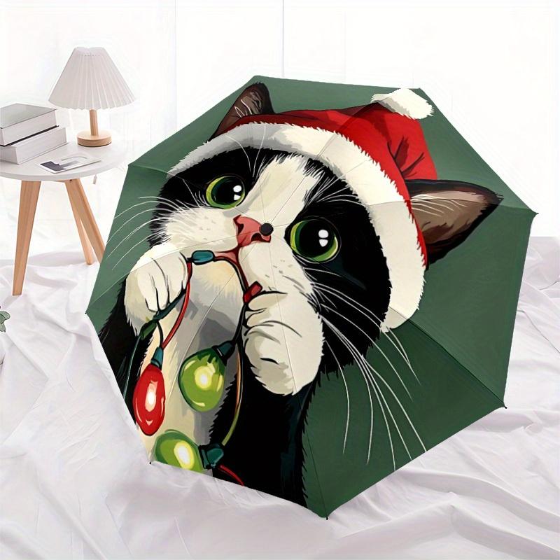 1pc Christmas Cat Automatic Open/Close Umbrella - Compact Travel Umbrella, 8-Rib Heavy-Duty Construction, Ideal Gift, Outdoor Accessory, Sty