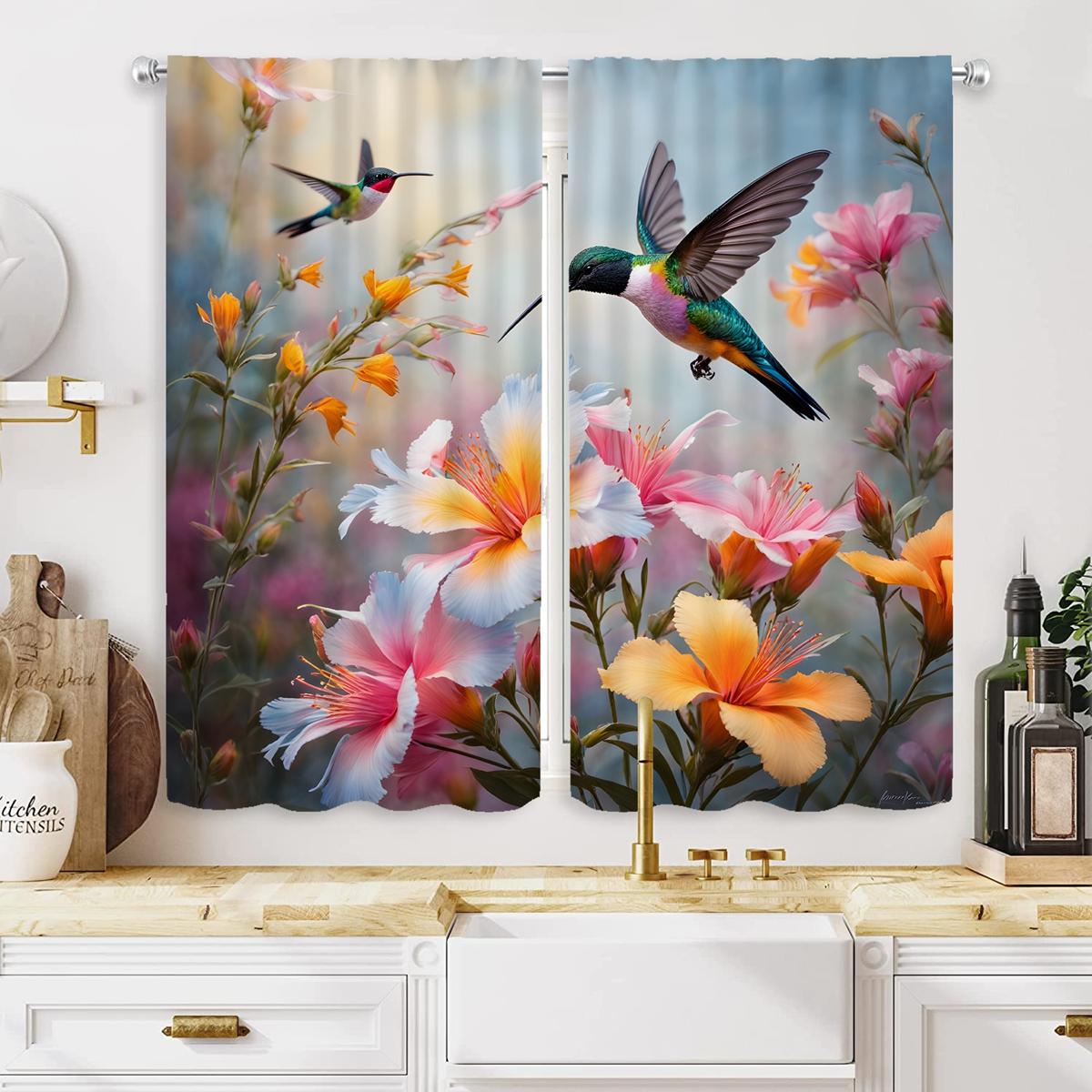 

2 шт. HD Цветочный сад летающий дятел декоративная занавеска Розовая завязка цифровая печатная занавеска Украшение дома стиль Украшение W52H63inchW132H160cm