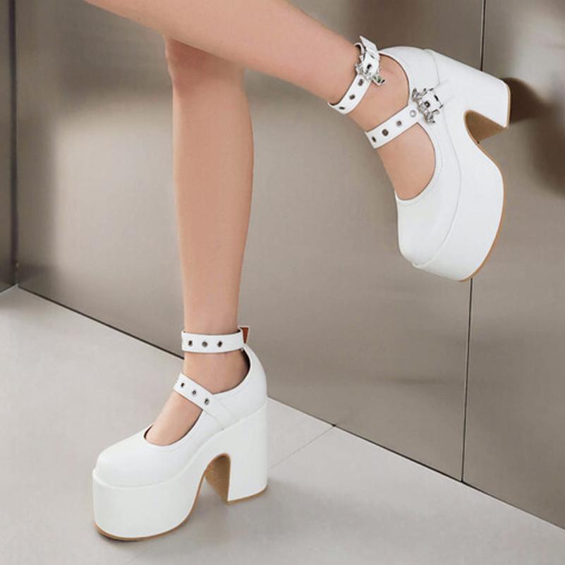 FOREADA Women Pu Leather Pumps Super High Hoof Heels Round Toe Ankle Strap Belt Buckle Punk Style Spring Autumn Shoes White