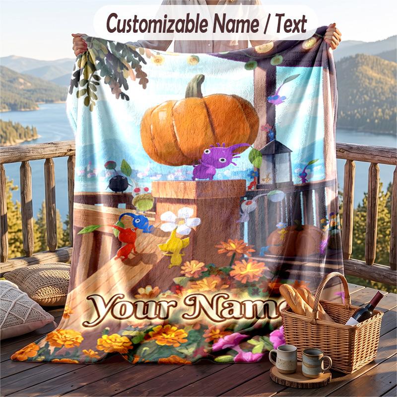 Custom Text Flannel Throw Blanket, Lightweight Cozy Bed Sofa BlanketPikmin