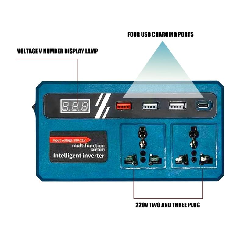 Multiple Port USB Charging and Power Converter 18-21V to 220V Featuring 2 Alternating Current Outlets 3 USB Port 1 Type C