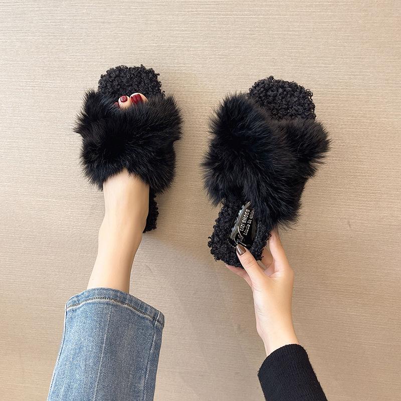 Fairy Wind Fluffy Slippers Female 2025 Autumn and Winter New Outer Wear Cross Flat Bottom One Word Plush Home Cotton Slippers