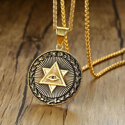 שרשרת תליון עגול בצבע זהב עין האלוהים לגברים נשים סגנון היפ הופ פלדת אל-חלד וינטג' שרשרת צוואר תכשיט אופנתי מתנה