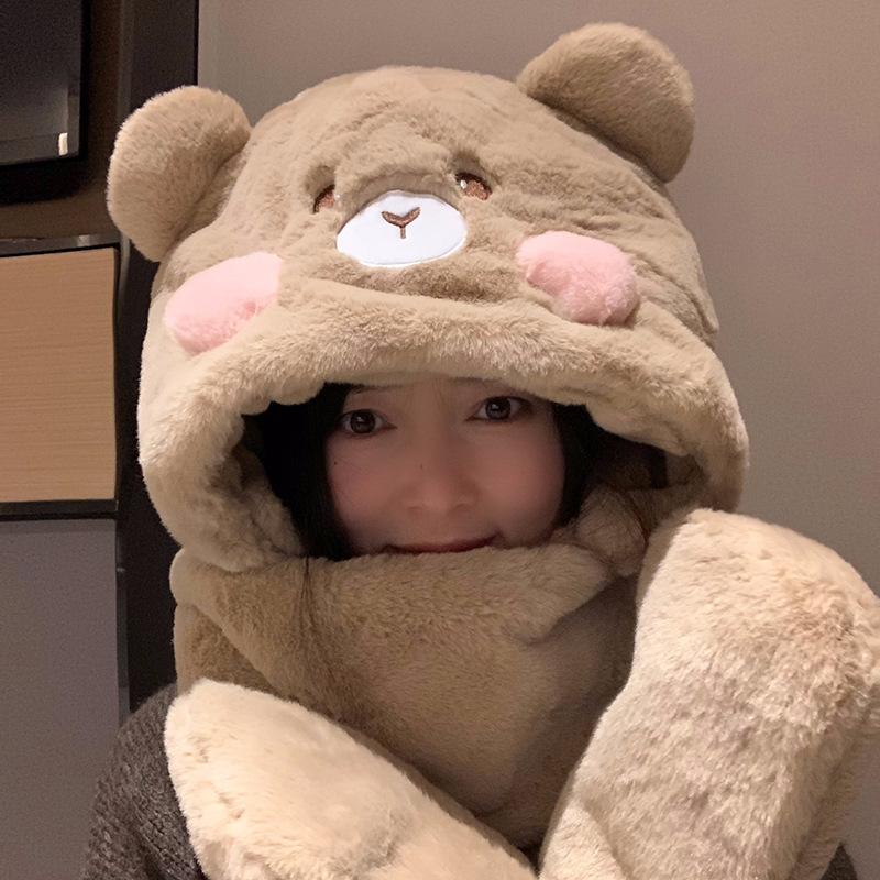 Cute Bear Hat Scarf Gloves One-piece Set for Women In Winter Warmth Plus Velvet Thickened Cycling Cold Proof Scarf