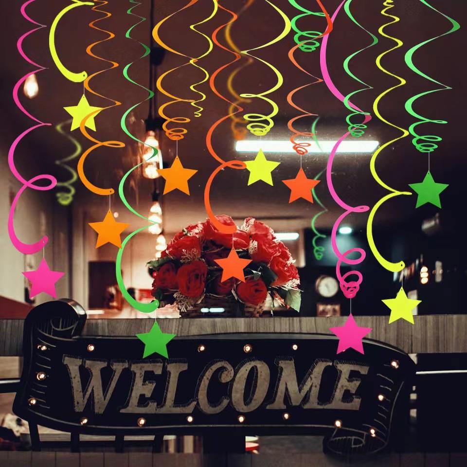 Fluorescent Happy Birthday Banner with Stars - Party Decoration