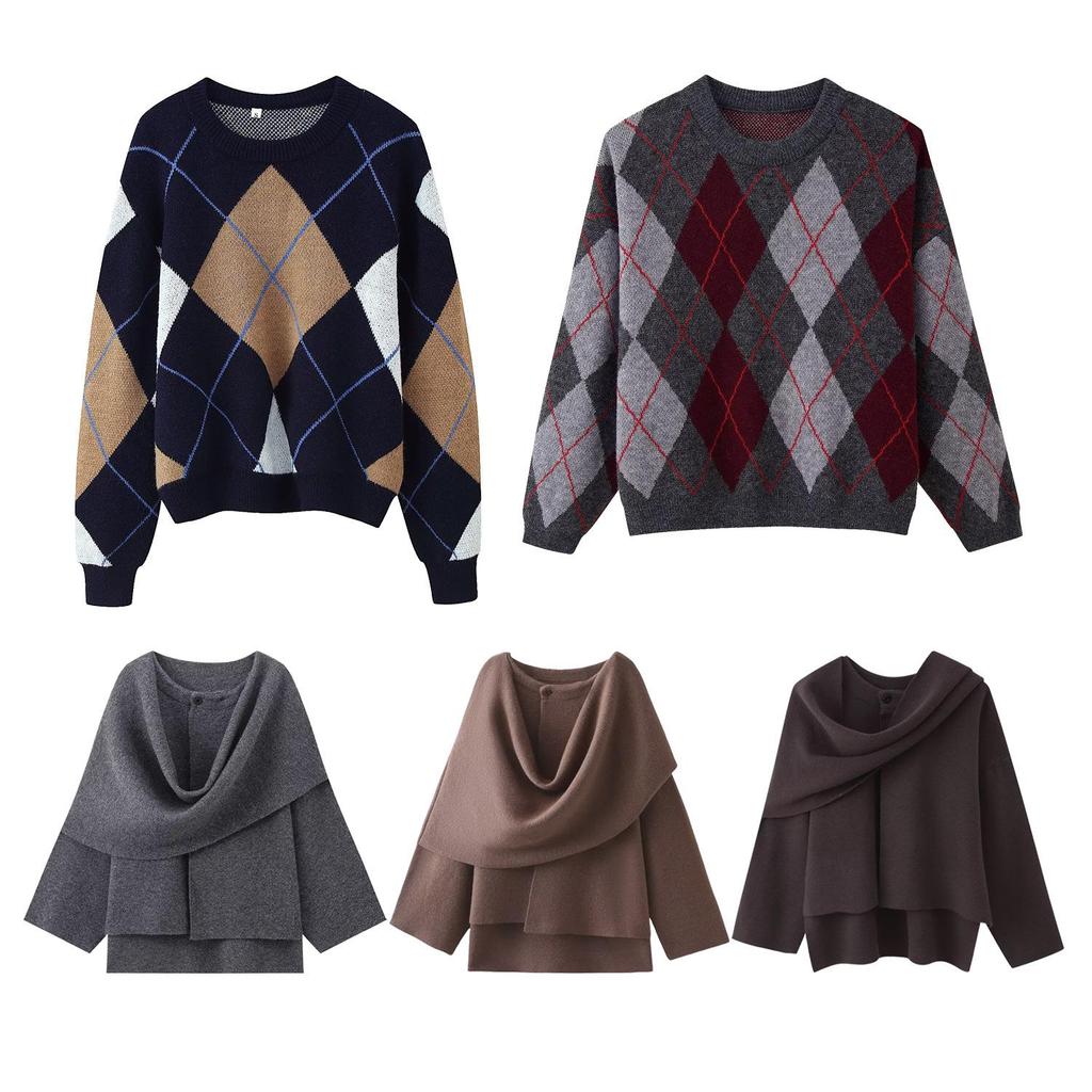 2025za Women's Jacquard Scarf Knit Diamond Plaid Sweater - Round Neck, Autumn/Winter Commuting Top Coat