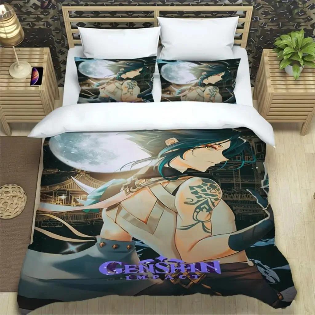 Genshin Impact Print 3 Piece Bedding Set For Boys Adults Quilt Cover Pillowcases Soft Comfortable Fashion Bedding