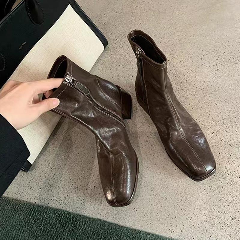 Washed Cowhide~ Leather Square Head Retro Thin Boots Short Boots Women's Thick Heel Small Ankle Boots British Style Martin Boots Single Boots