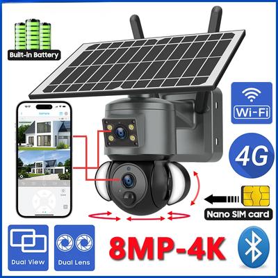 Caméra solaire 4G Carte SIM Sécurité Extérieure Double Objectif/Double Vue Caméra 4K 8MP IP Sans Fil PTZ Vision Nocturne Surveillance CCTV Cam
