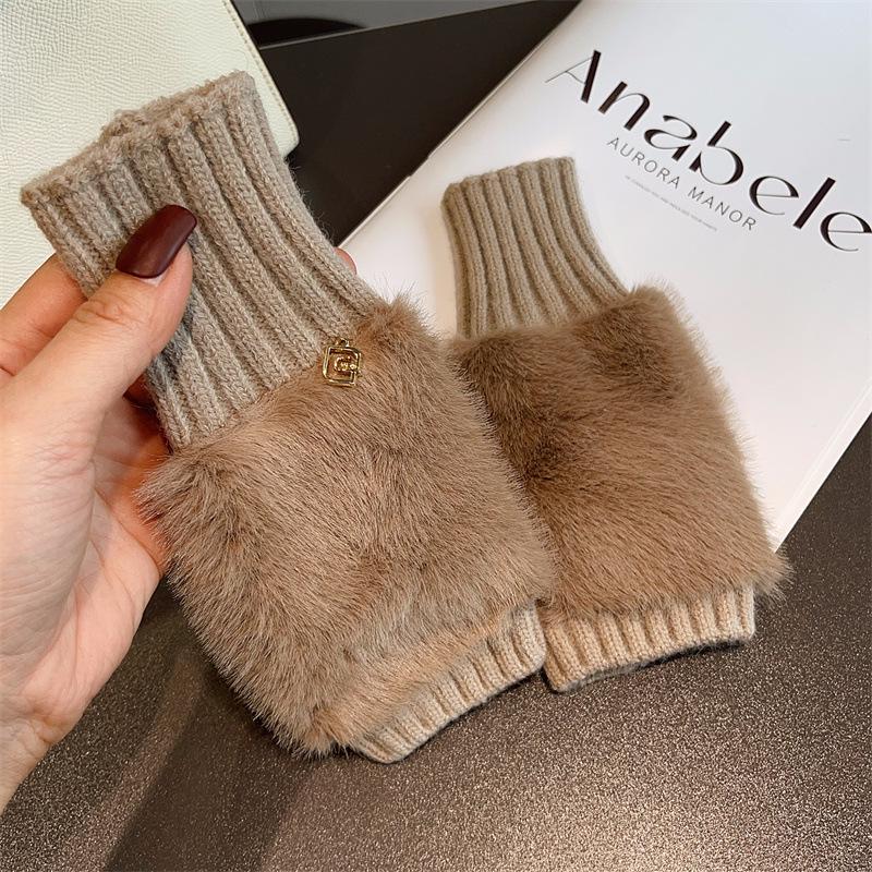 Leopard Print Plush Half-Finger Suede Gloves - Warm, Cute Winter Style for Students