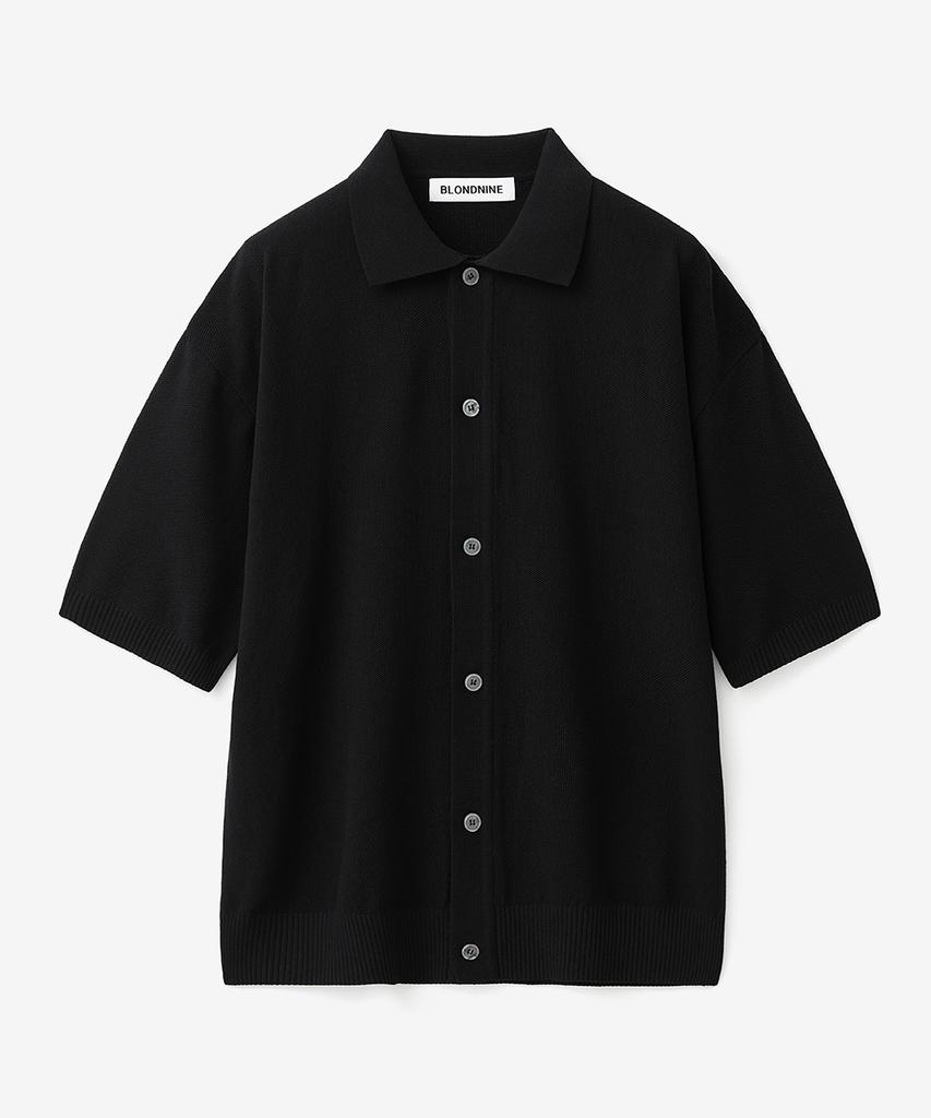Blond9 Cotton Collared Short Sleeve Knit Cardigan_Black