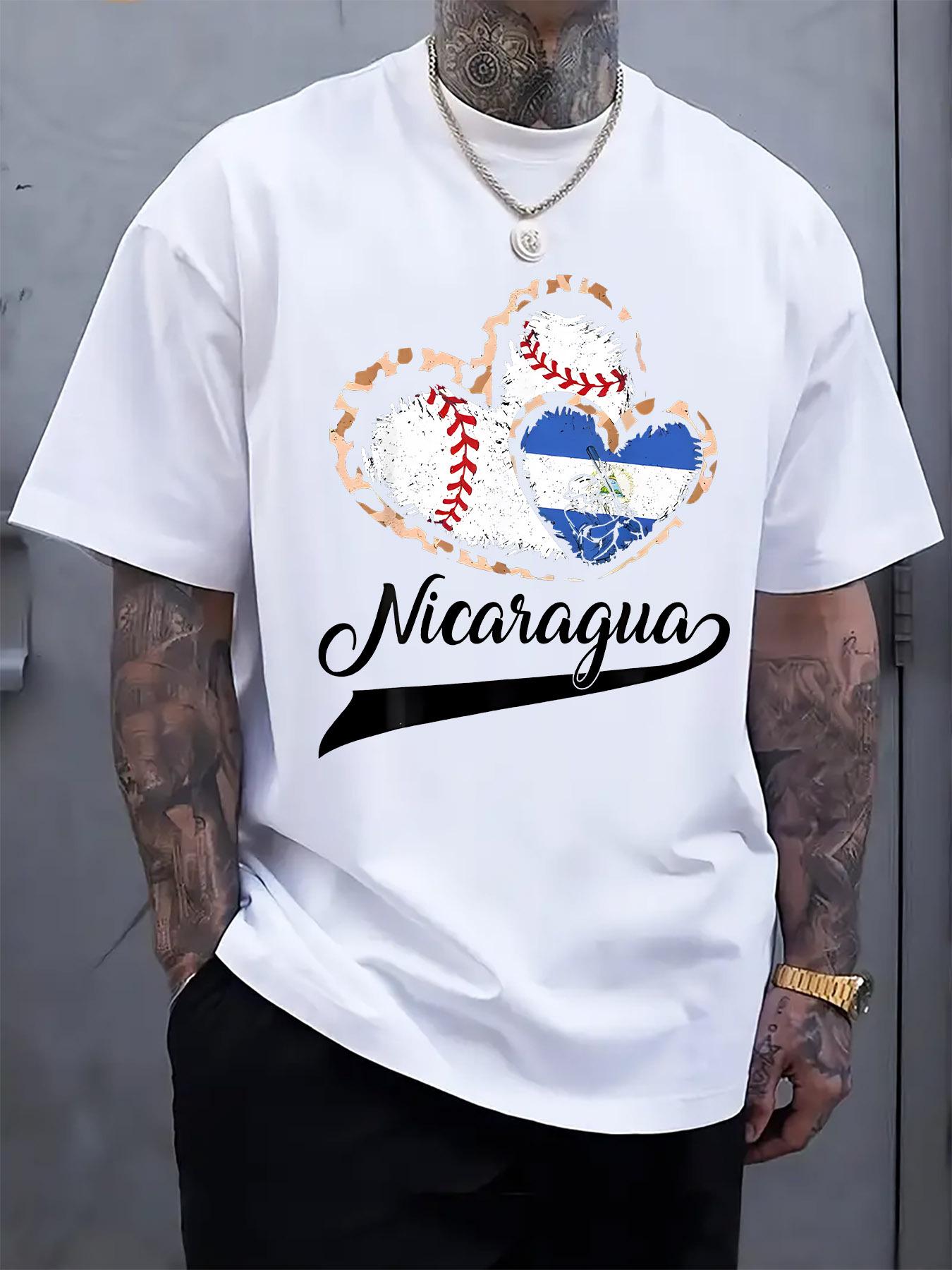 

Baseball Heart Print Short Sleeve T-shirt - Stylish Round Neck Casual Tee with Nicaragua Flag Design XL