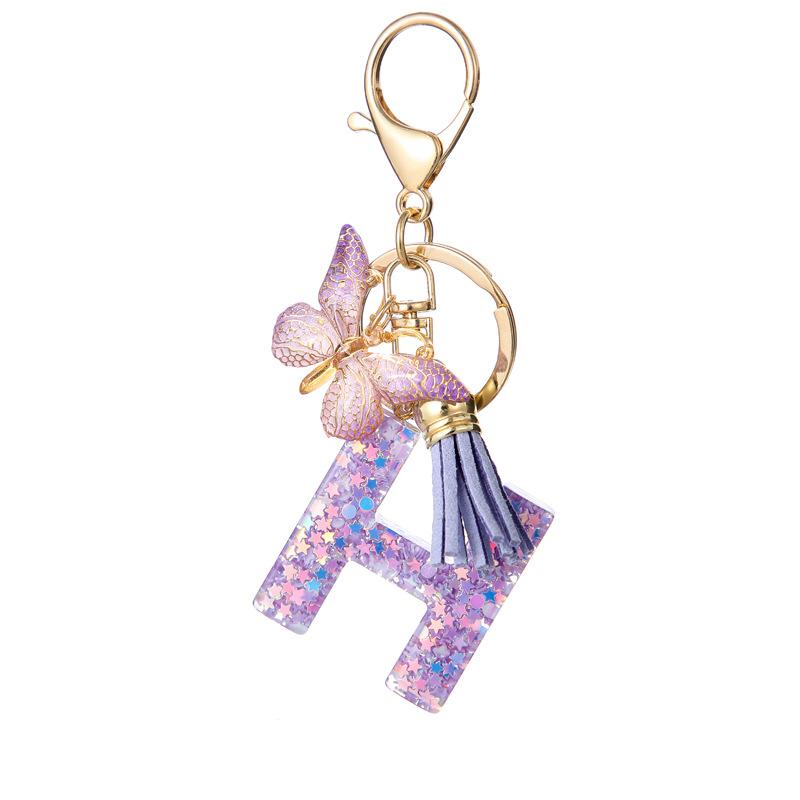 A-Z Alphabet Resin Keychain Purple Butterfly Tassel Pendant Classic Retro Durable Women Bag Accessory Practical Backpack Hanging Charm
