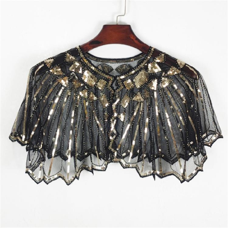 Delicate Sequins Adorned Capelet Shoulder Wrap Breathable Mesh Fabric Scarf Shawl With Intricated Beadwork Design