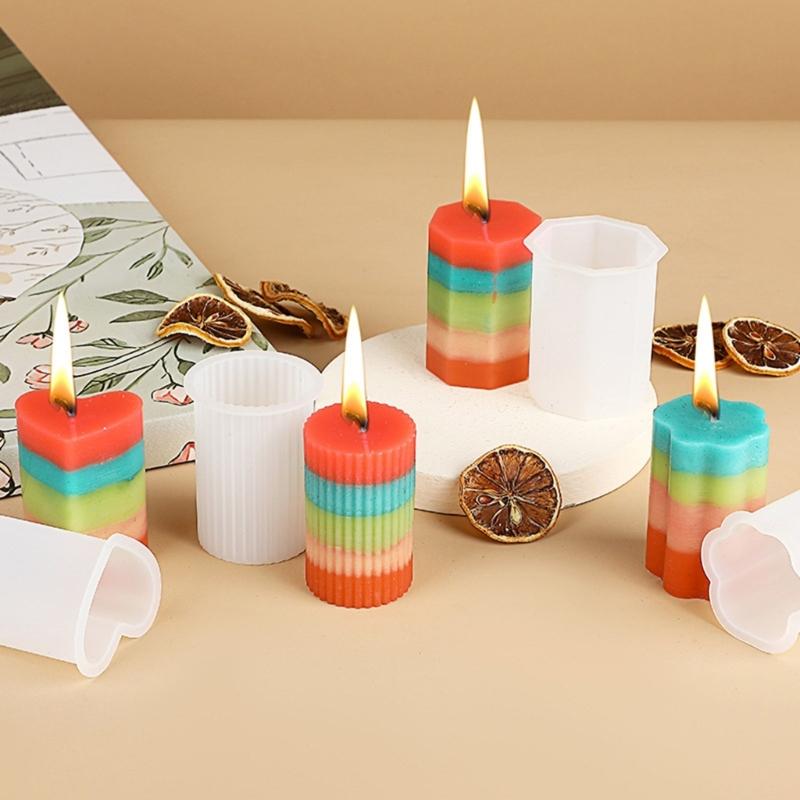 4Pcs Geometric Cylinder Silicone Candle Molds Striped Cylinder Silicone Candle Molds for Candle Making Gypsum Decoration