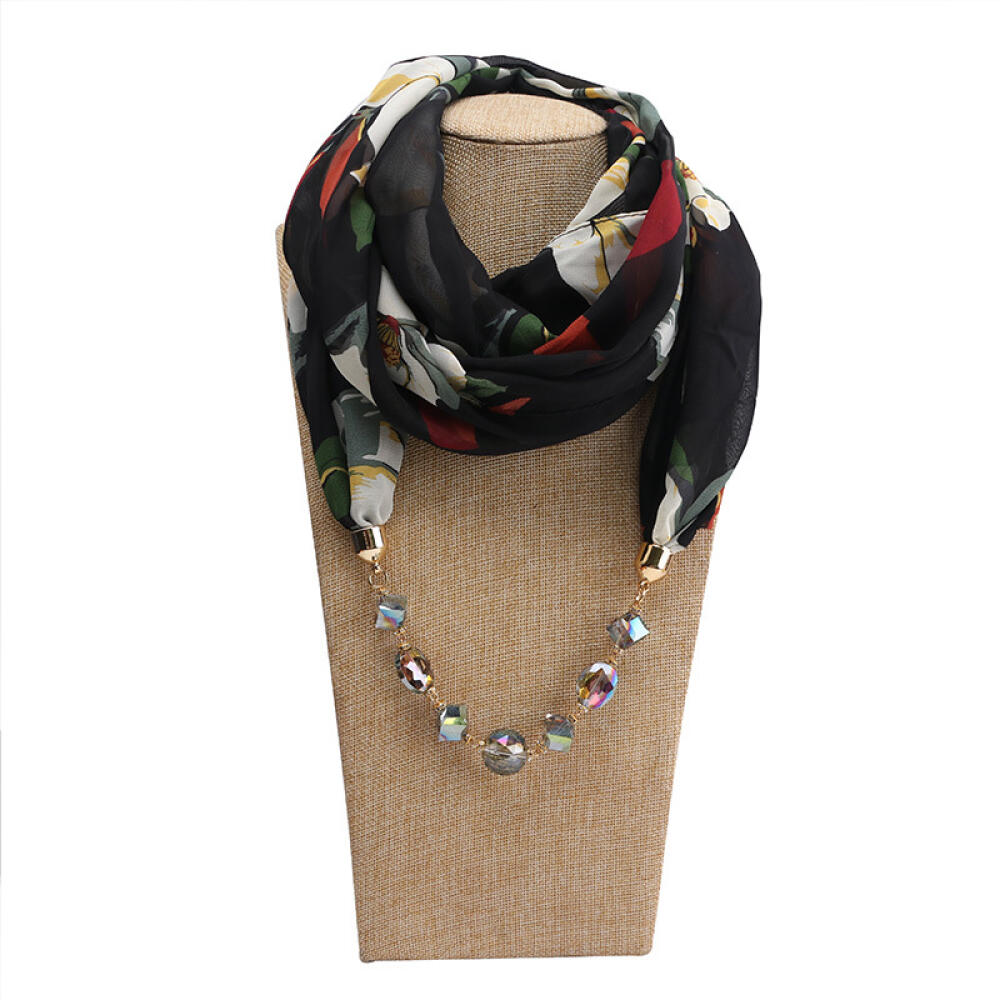 Elegant Chiffon Infinity Scarf with Floral Print & Crystal Beaded Necklace – Women’s Stylish Fashion Accessory