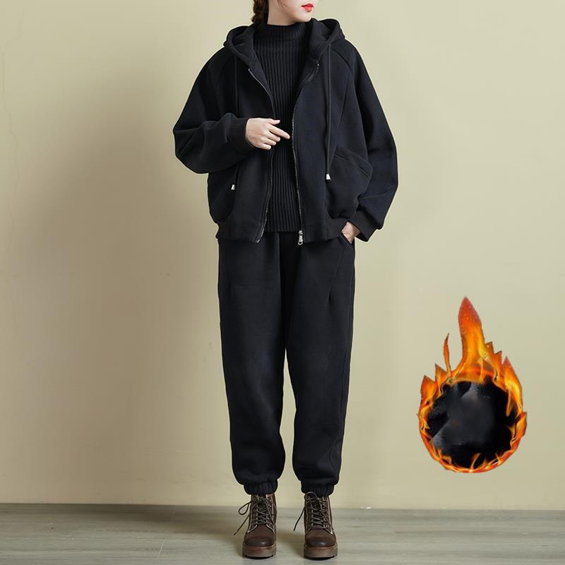 Women Sets Zipper Hoodies Harem Pants Suit Autumn Winter Fleece Thicken Warm Casual Tracksuit