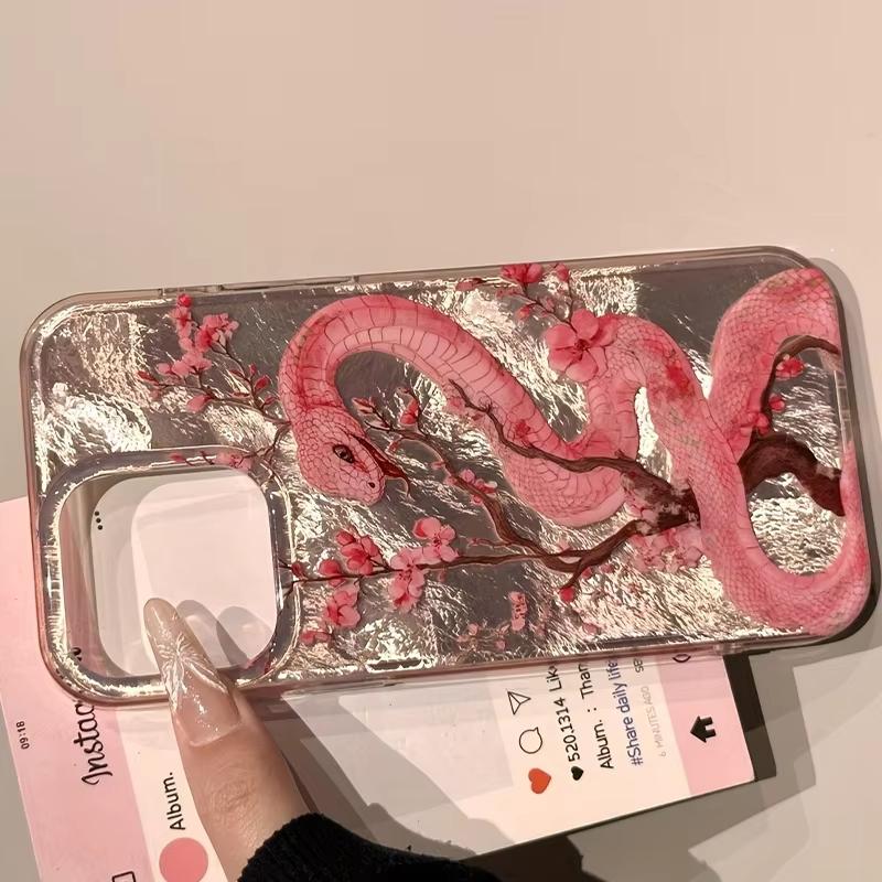 Illustration Plum Blossom Pink Snake Phone Case For iPhone 16 Pro Max 15 14 Plus 13 12 11 XS X XR 7 8 16 Plus SE 2022 16E Cover
