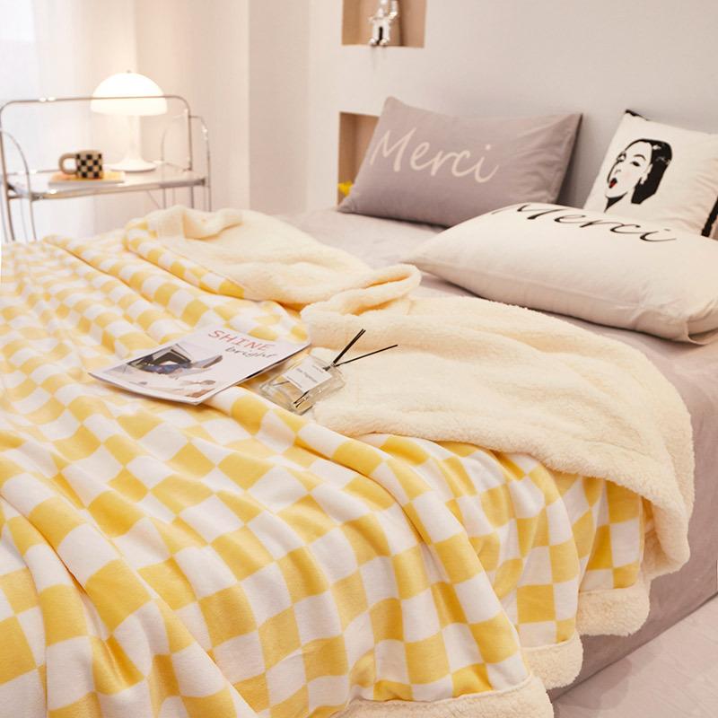 Nordic Thick Warm Checkered Blanket Double Layer Lamb Wool Leisure Blanket for Office Nap Bedspread with Edging for All Seasons