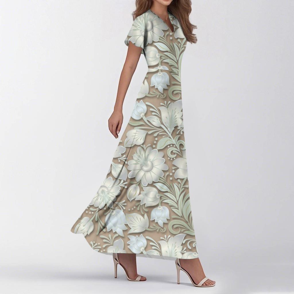 Women's Summer Casual Fashion Print Dresses V-Neck Short Sleeve Dresses