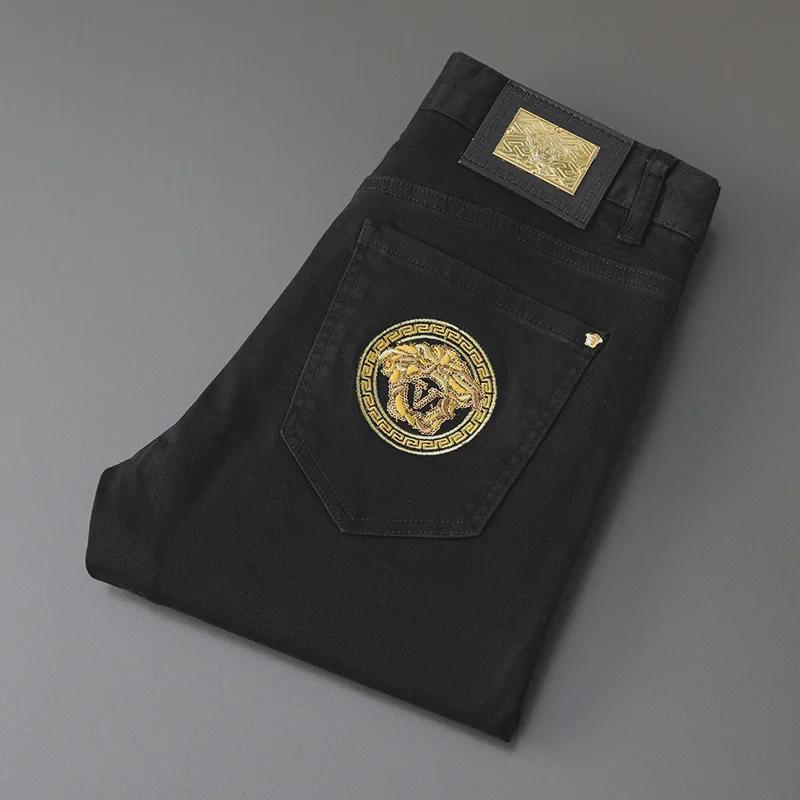 Men's Slim Straight Stretch Jeans with Gold Embroidery - Spring/Autumn Collection