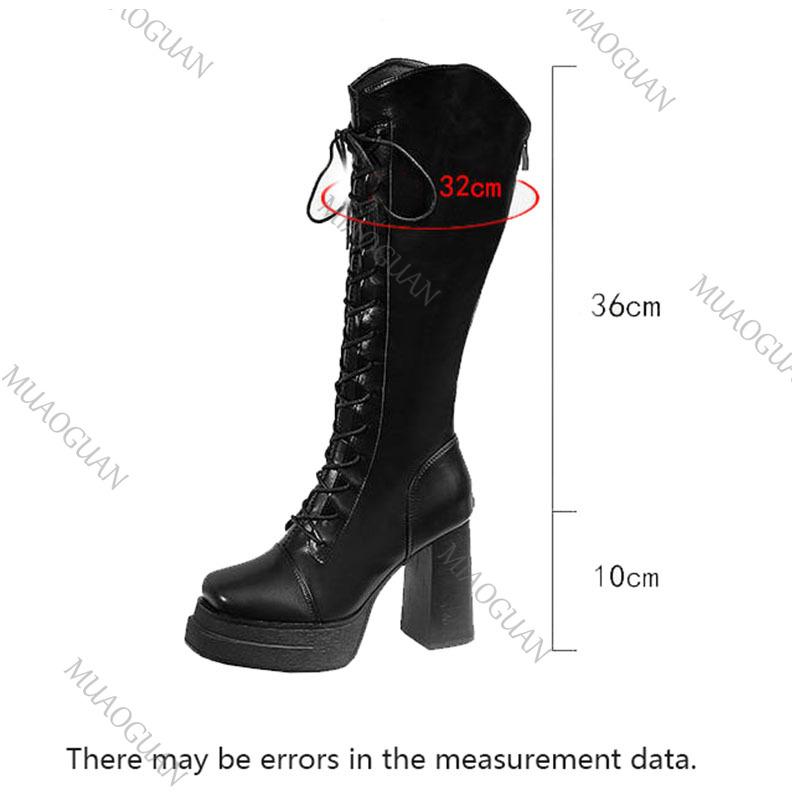Fashion High Heeled Knee High Boots for Women Fashion Thick Bottom Autumn Winter Women Shoes Lace Up Square Toe Knight Long Botas Femmes